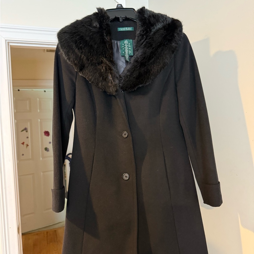 Ralph Lauren Black Trench Coat with Faux Fur Collar